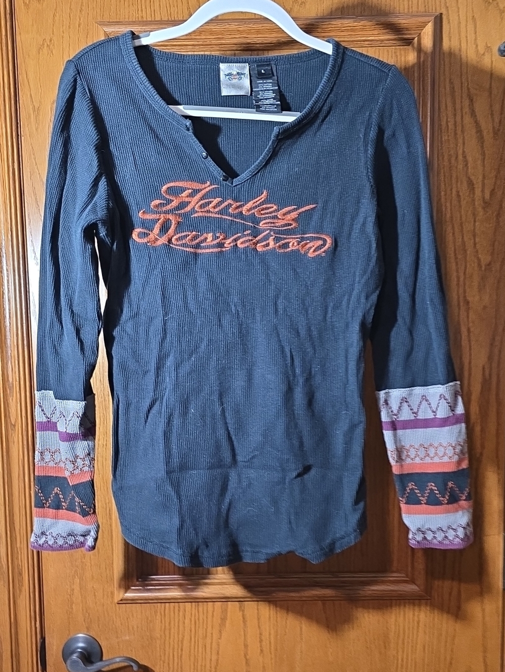 HARLEY-DAVIDSON Black Ribbed Knit, 97% Cotton 3% Spandex,size L